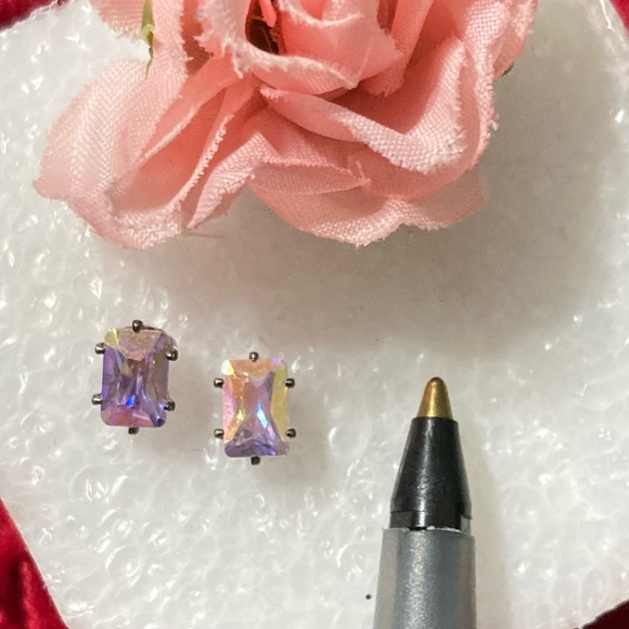 Emerald Cut Iridescent Pink Ice Cubic Zirconia Nickel Free post earrings NWT - Picture 5 of 5